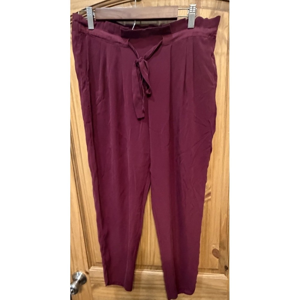 Ramy Brook Silk Blend Pants Burgundy Tie Waist Elastic Waist Tapered Career M